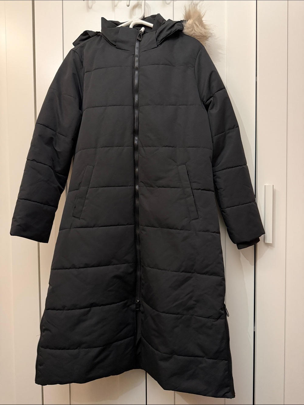 Noize Black Long Puffer Coat with Hood and Faux-Fur Trim